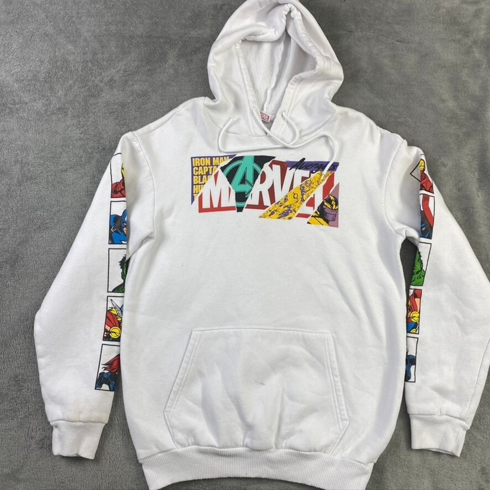 Marvel‎ Brand Mens Collage Text Hoodie Character Block Sleeve Print White Sz S